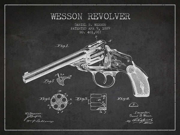 Revolver Art Print featuring the digital art Wesson Revolver Patent Drawing from 1889 - Dark by Aged Pixel