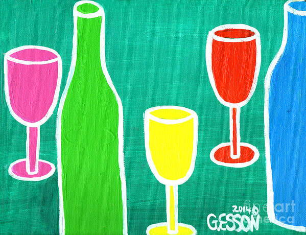 Abstract Art Print featuring the painting Wine Glasss and Bottles with Green Background by Genevieve Esson