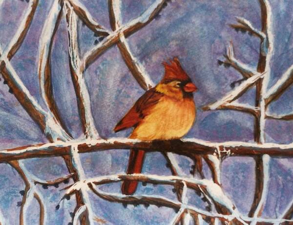 Female Cardinal Art Print featuring the painting Winter Cardinal by Linda Markwardt