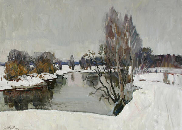 Winter Art Print featuring the painting Winter on river Kliazma by Juliya Zhukova