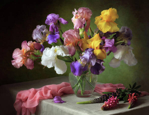 Still Life Art Print featuring the photograph With A Bouquet Of Irises And Flowers Lupine by ??????????? ??????????