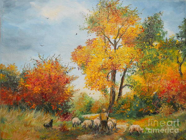 Autumn Art Print featuring the painting With Sheep on Pasture by Sorin Apostolescu