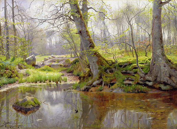 Wood Art Print featuring the painting Woodland Pond by Peder Monsted