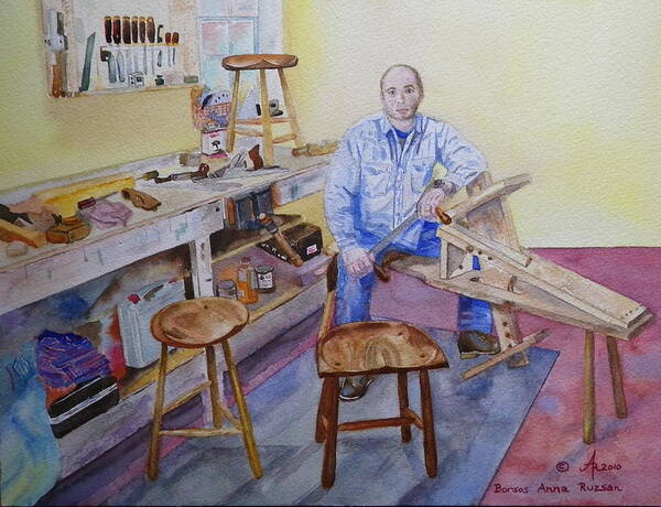 Woodworker Art Print featuring the painting Woodworker Chair maker by Anna Ruzsan