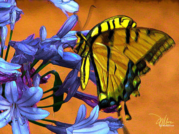 Douglas Moorezart Art Print featuring the painting Yellow Butterfly on Agapanthus by Douglas MooreZart