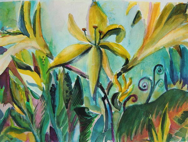Lily Art Print featuring the painting Yellow Day Lilies by Mindy Newman
