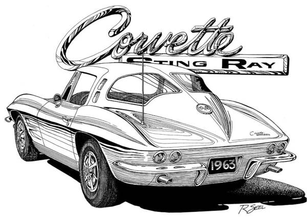 Splitwindow Art Print featuring the drawing 1963 Split Window Corvette by Rod Seel