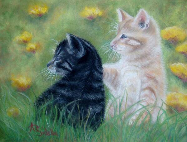 Kittens Art Print featuring the painting Frisky Friends #1 by Annamarie Sidella-Felts