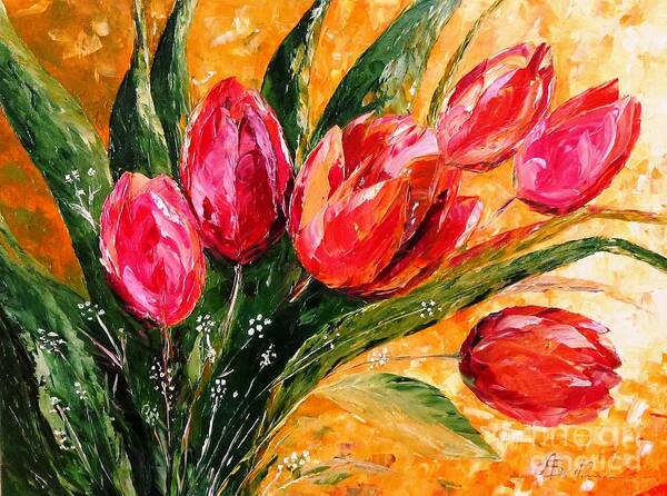 Tulips Art Print featuring the painting Red Tulips #1 by Amalia Suruceanu