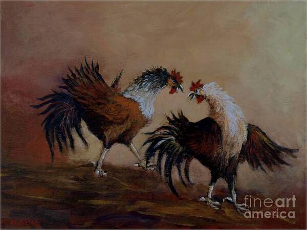 Roosters Art Print featuring the painting Rooster Fight by Jean Pierre Bergoeing