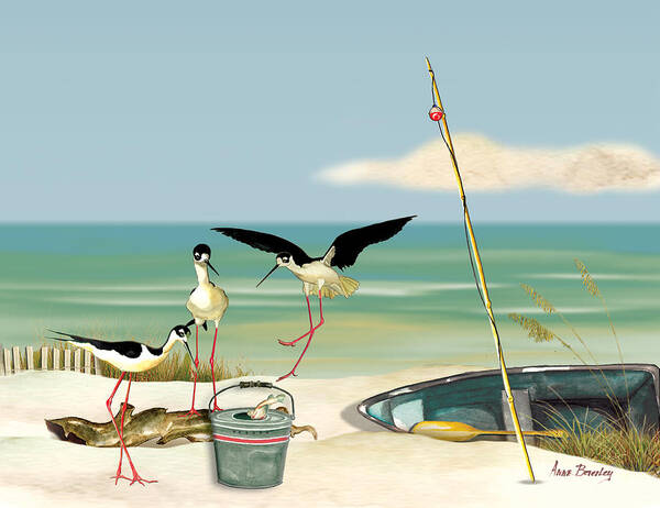 Black Necked Stilts Art Print featuring the painting Stilts on Beach #1 by Anne Beverley-Stamps