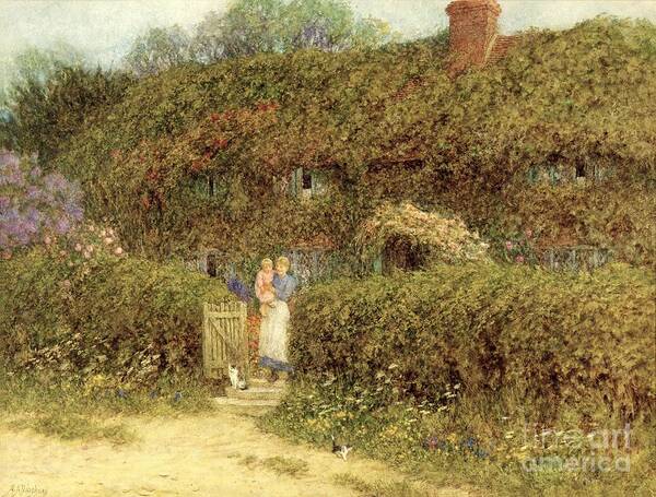 Mother And Child; Gate; Rural Scene; Country; Countryside; Home; Path; Garden; Wildflowers; Roses; Picturesque; Idyllic; Daughter; Cat; Vines; House; Female Art Print featuring the painting A Cottage at Freshwater Isle of Wight by Helen Allingham