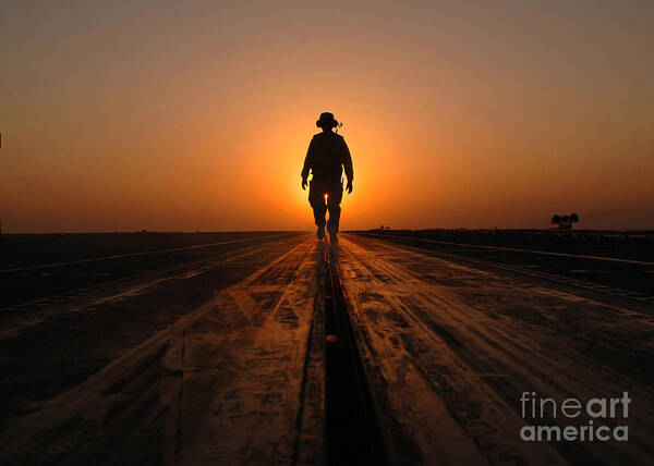 Horizontal Art Print featuring the photograph A Sailor Walks The Catapults by Stocktrek Images