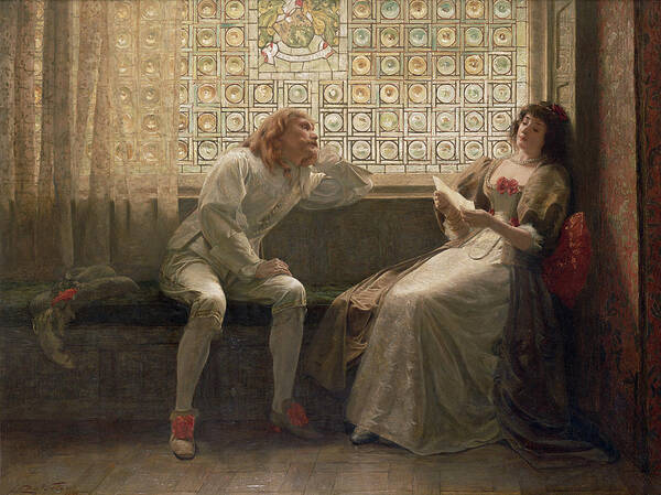 Male; Female; Lovers; Love Letter; Interior; Window Seat; Stained Glass; Lovestruck; Romantic Comedy; Curtain; Shoes; Costume; Corsage; Wistful Art Print featuring the painting 'As You Like It' by Charles C Seton