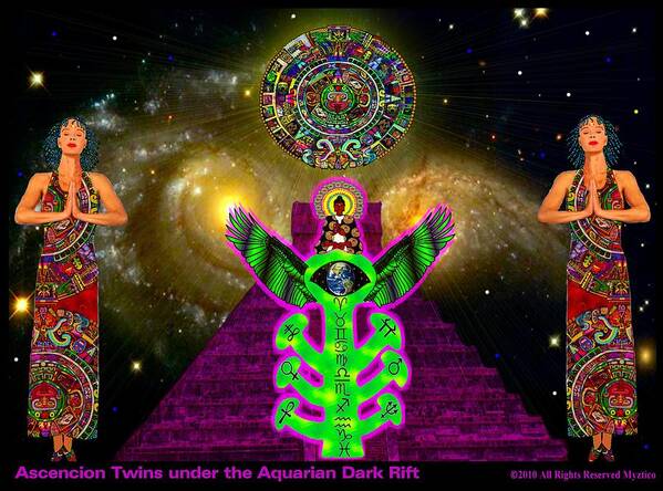 2012 Mayan Calendar Art Print featuring the mixed media Ascencion Twins under the Aquarian Dark Rift by Myztico Campo