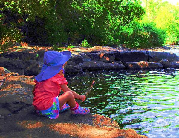  Child Holds Stick Over Calm Place In The Creek While Sitting On A Granite Ledge Of Rocks Art Print featuring the digital art At the bank of the creek by Annie Gibbons