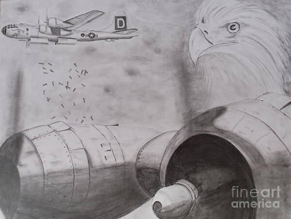Military Aircraft Art Print featuring the drawing B-29 Bombing run over Europe by Brian Hustead