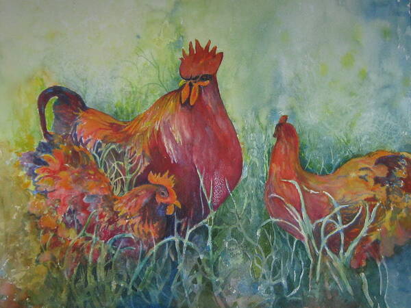 Chickens Art Print featuring the painting Barnyard Boss by Marilyn Clement