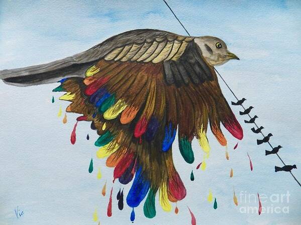 Bird Art Print featuring the painting Bird on a Wire Flys Free by Judy Via-Wolff