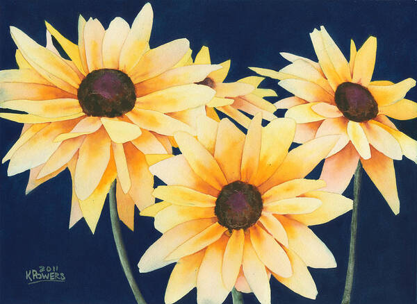 Black Art Print featuring the painting Black Eyed Susans 2 by Ken Powers