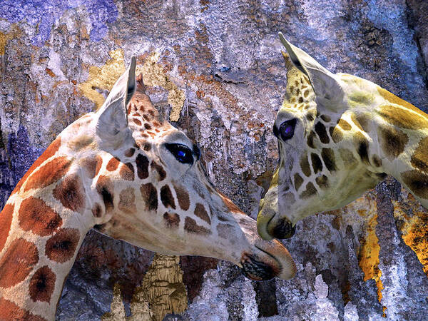 Animal Art Print featuring the mixed media Blue Cave Giraffes by Lynda Lehmann