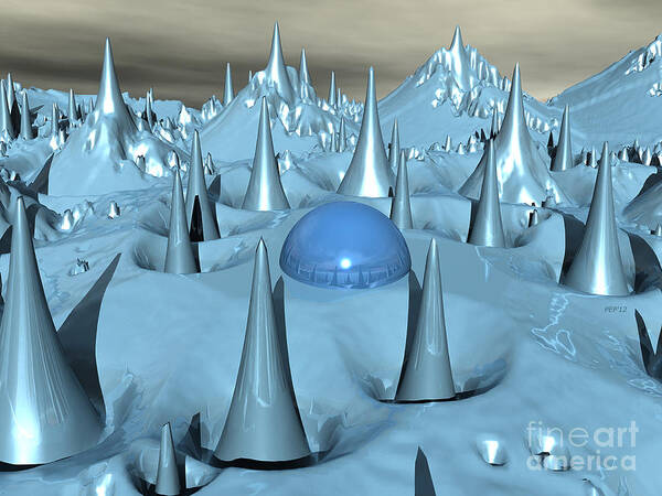 Digital Art Art Print featuring the digital art Blue Spikes Alien Terrain by Phil Perkins
