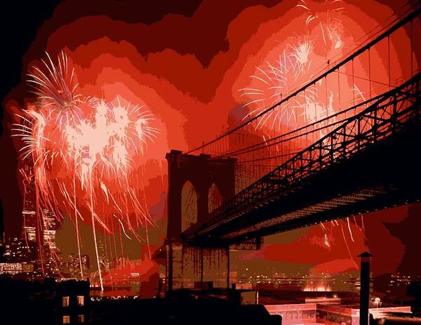 New York Art Print featuring the photograph Brooklyn Bridge Fireworks Color 16 by Scott Kelley
