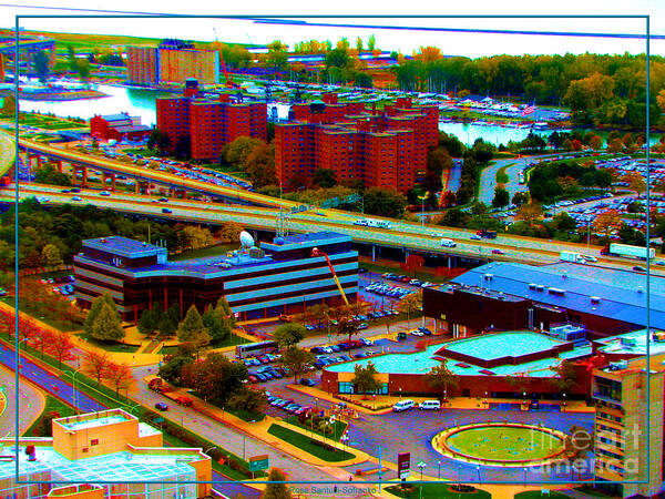 Buffalo Art Print featuring the photograph Buffalo New York Aerial View Neon Effect by Rose Santuci-Sofranko