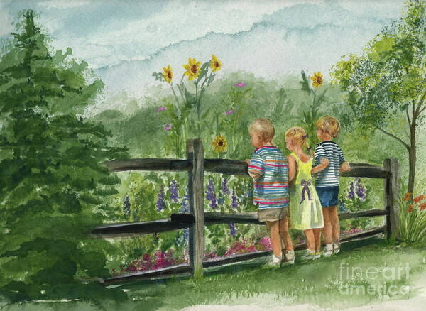 Children Art Print featuring the painting By the Garden Fence by Nancy Patterson