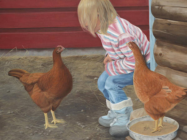Girl And Chickens Art Print featuring the painting Chicken Talk by Tammy Taylor