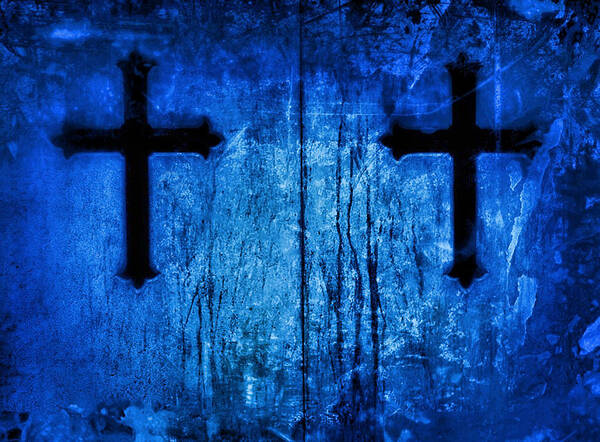 Cemetery Art Print featuring the photograph Cobalt Blue Cross Duo by Tony Grider