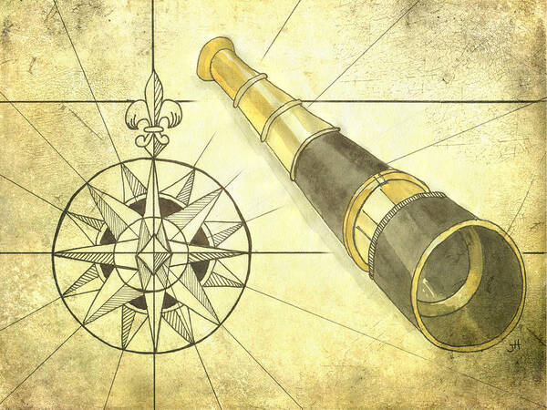 Monocular Art Print featuring the painting Compass and Monocular by Jaime Haney