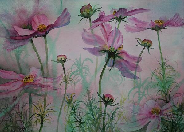 Flowers Art Print featuring the painting Cosmos by Ruth Kamenev