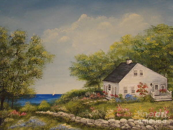Cottage Art Print featuring the painting Cottage by the Lake by Leea Baltes