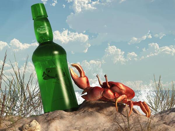 Sand Crab Art Print featuring the digital art Crab with Bottle on the Beach by Daniel Eskridge