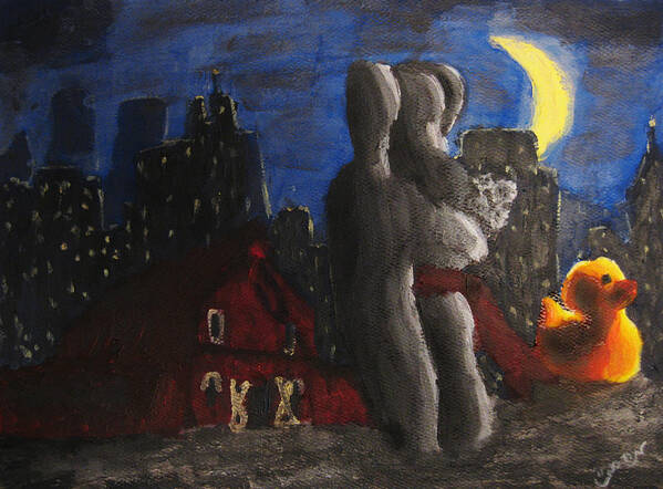 Dancing Art Print featuring the painting Dancing Figures with Barn Duck and Cityscape under the moonlight. by M Zimmerman
