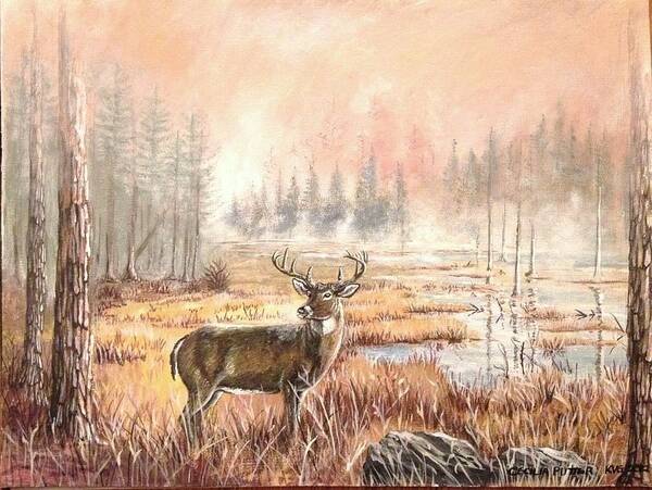 This White Tail Buck Is Watching The Perimeter Of The Open Grass Area Art Print featuring the painting Deer in the foggy swamps by Cecilia Putter