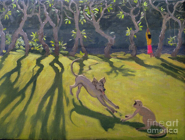 Playing Art Print featuring the painting Dog and Monkey by Andrew Macara