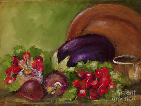 Eggplant And Veges Prints Art Print featuring the painting Eggplant and Radishes by Pati Pelz