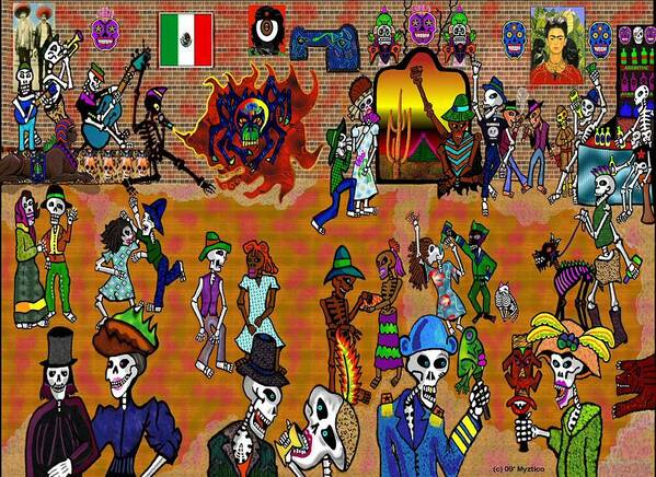 Mexican Day Of The Dead Art Print featuring the mixed media Fiesta del dia de los Muertos by Myztico Campo