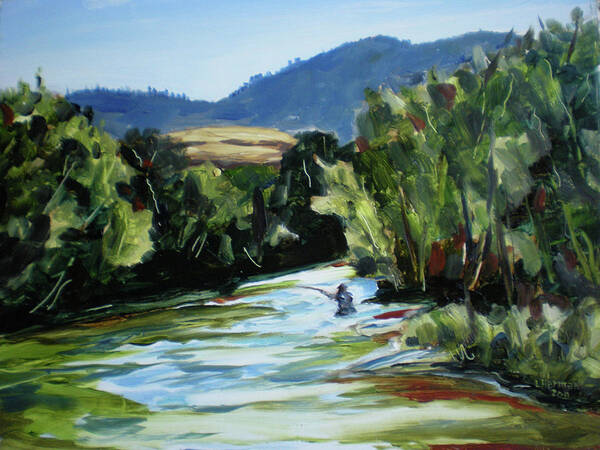 Plein Air Art Print featuring the painting Fishing on the Boise by Les Herman