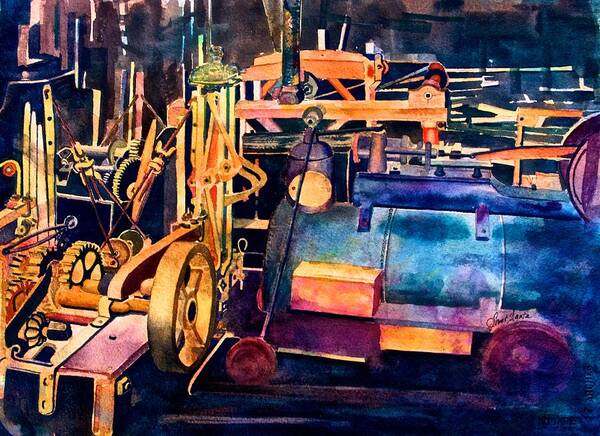 Steam Art Print featuring the painting Gears and Steam by Frank SantAgata