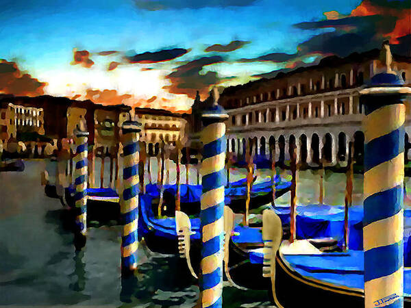 Venice Art Print featuring the digital art Gondolas Under A Summer Sunset by Jann Paxton