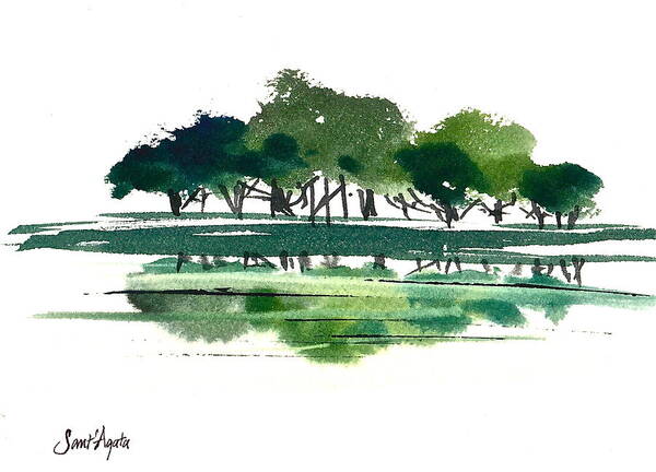 Tree Art Print featuring the painting Green Lake Forest by Frank SantAgata