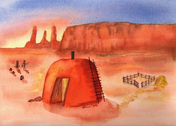 Sharon Mick Art Print featuring the painting Hogan in Monument Valley by Sharon Mick