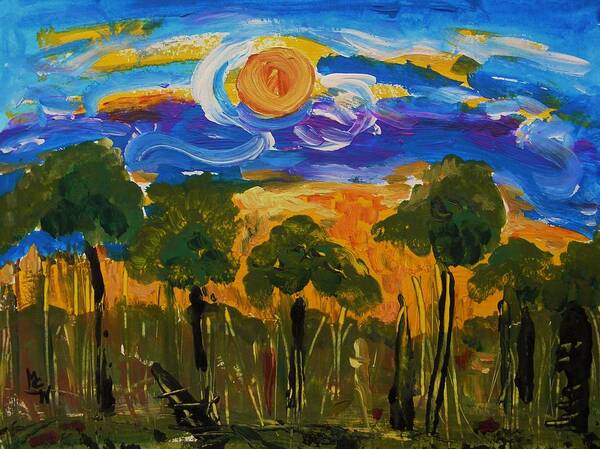 Sun Art Print featuring the painting Intense Sky and Landscape by Mary Carol Williams