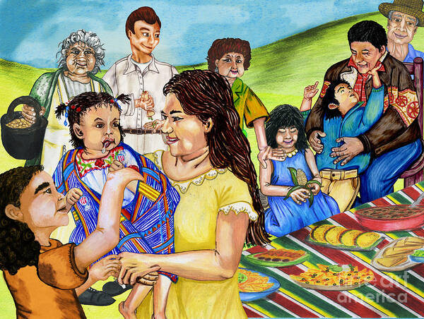 Latino Art Print featuring the drawing Latino Family Picnic by Laura Brightwood
