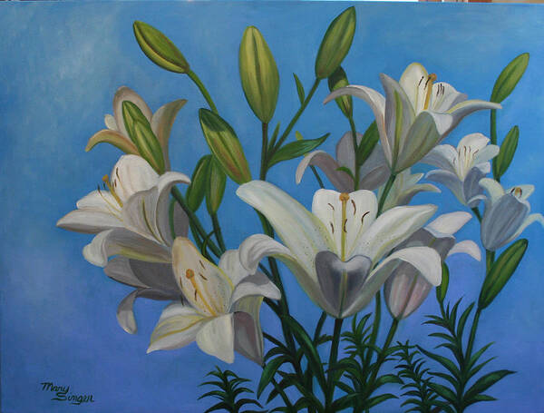 These Lilies Were Huge Last Spring . So Gorgeous I Just Had To Do A Nice Big Painting Of Them. Art Print featuring the painting Linda's Lilies by Mary Singer
