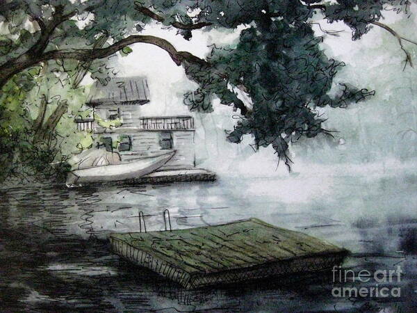 Misty Art Print featuring the painting Misty Dock at Lake Rabun by Gretchen Allen
