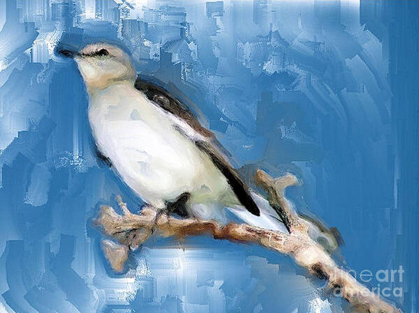 Art;bird;mocking Bird;blue;cute;digital Art;unique;one Of A Kind Art Print featuring the digital art Mocking Bird In Blue by Ruby Cross